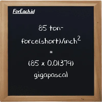 How to convert ton-force(short)/inch<sup>2</sup> to gigapascal: 85 ton-force(short)/inch<sup>2</sup> (tf/in<sup>2</sup>) is equivalent to 85 times 0.01379 gigapascal (GPa)